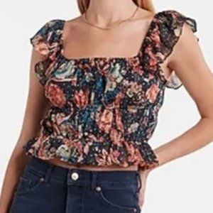 NWOT Express Floral Navy blue Ruffle Sleeve Crop Top Size XL